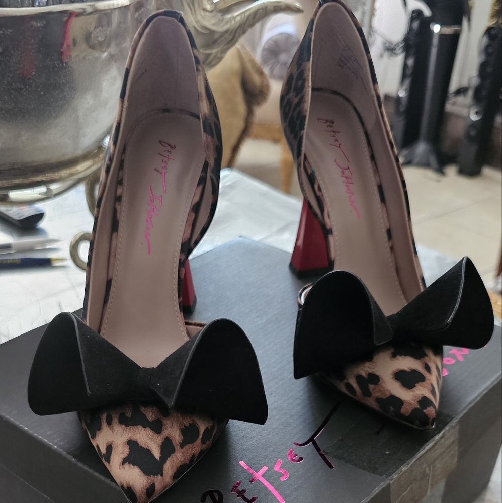 Betsey Johnson Leopard Print Heels with Black Bow